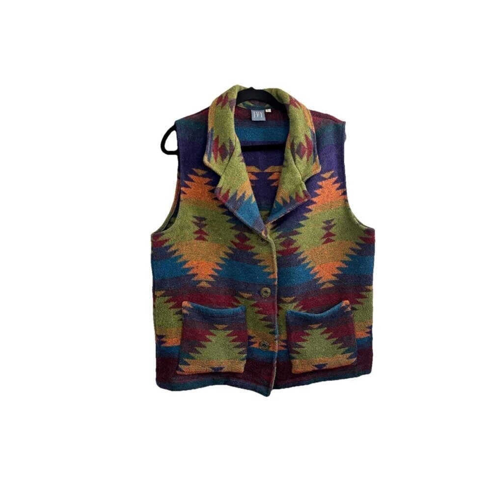 IVY Vintage Aztec Blanket Vest With Pockets Gold Buttons Women Large